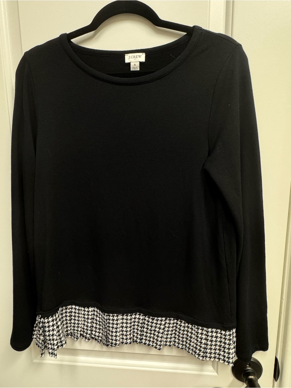J. Crew Black Long-Sleeve Top with Black-and-White Houndstooth Hem